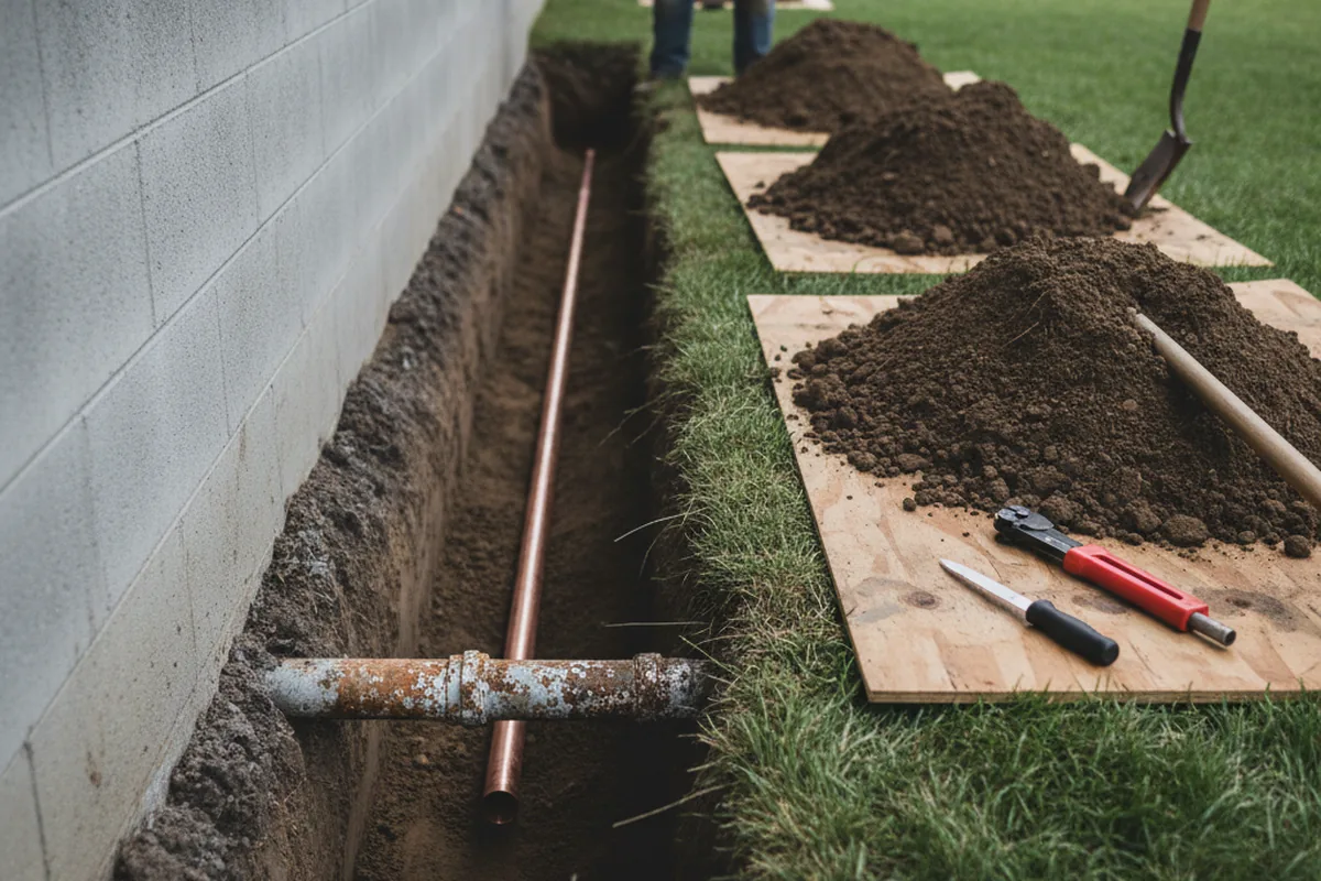 Excavated water line trench during Sewer Line Repair in Whitestone